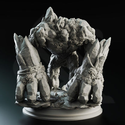 A highly detailed 3D miniature of an Earth Elemental Golem, showcasing its rugged stone form and massive hands, ideal for tabletop RPGs like Dungeons & Dragons and Pathfinder.