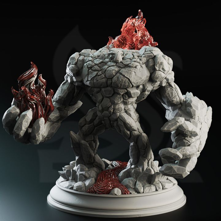 A highly detailed 3D miniature of a Fire Elemental Golem, showcasing its rocky form infused with fiery elements, perfect for use in tabletop RPGs such as Dungeons & Dragons and Pathfinder.