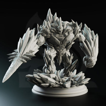 A detailed 3D miniature of an Ice Elemental Golem, featuring sharp crystalline formations and an imposing stance, ideal for use in tabletop RPGs such as Dungeons & Dragons and Pathfinder.