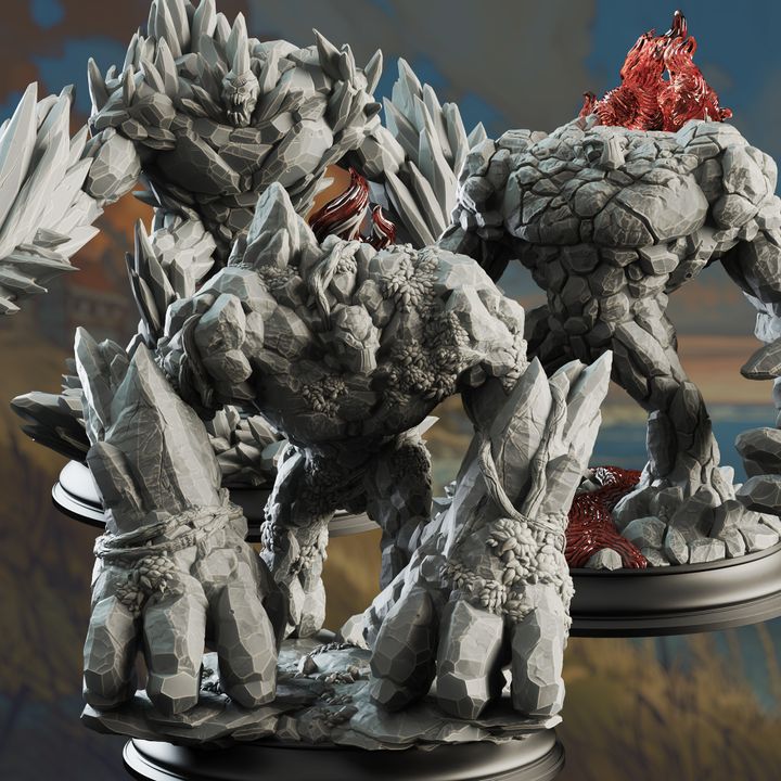 Three powerful elemental golems representing earth, fire, and ice, intricately sculpted for 3D printing.