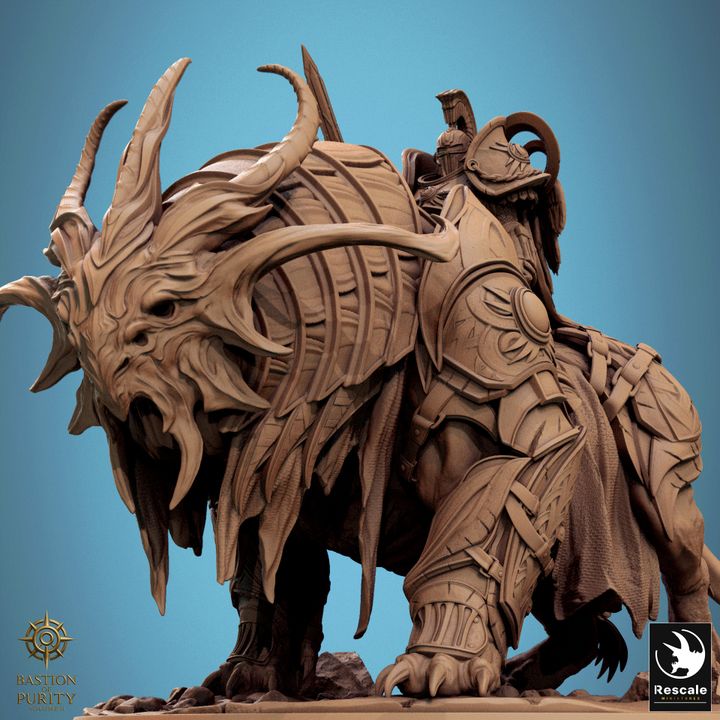 Close-up of Solarion, the Radiant Warbeast with mounted knight, featuring detailed horned head, layered armor plating, and massive frame on rocky base.