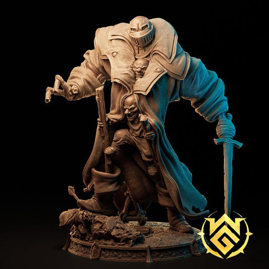 Full miniature of Gaban of the Coat, three goblins disguised in a trench coat, one wielding a sword, posed on scenic base – fantasy TTRPG miniature
