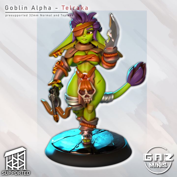 Front view of Telraka the Goblin Alpha in 32mm scale, wearing tribal armor and wielding a dagger and claw weapon; painted version with eyepatch and vibrant green skin.