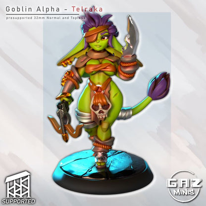 Front view of Telraka the Goblin Alpha in 32mm scale, wearing tribal armor and wielding a dagger and claw weapon; painted version with eyepatch and vibrant green skin.