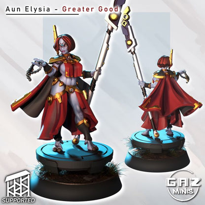 Full view of Aun Elysia holding a staff, clad in futuristic armor and a flowing cape, radiating authority for sci-fi TTRPGs.