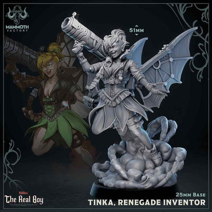 Front view of Tinka, Renegade Inventor, a fairy-inspired miniature with mechanical wings, holding a blaster, standing on steam and gears.