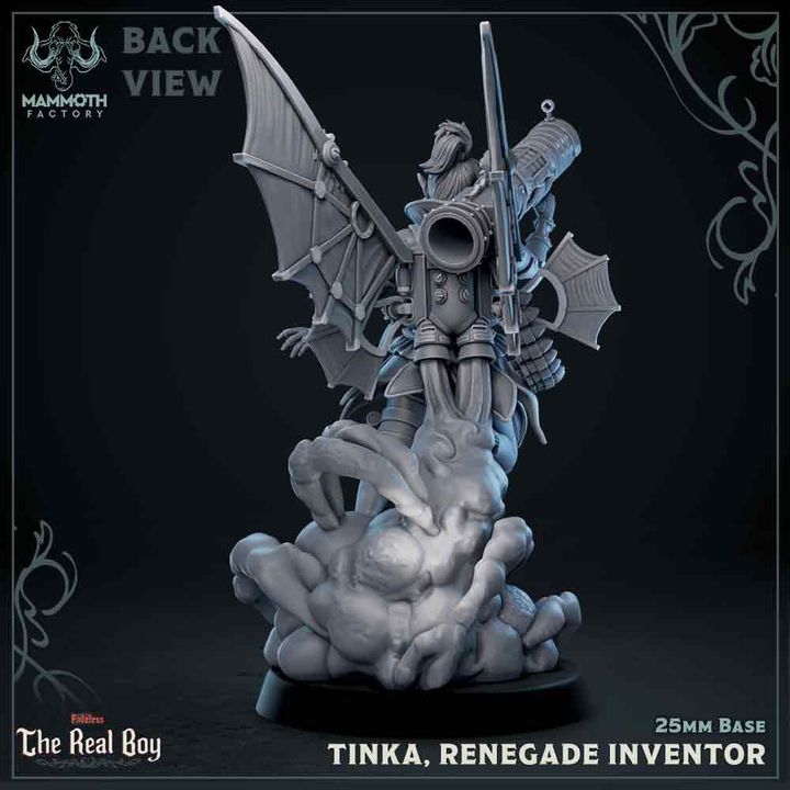 Rear view of Tinka, Renegade Inventor, showcasing her mechanical wings and blaster in a rebellious stance over steam and gears