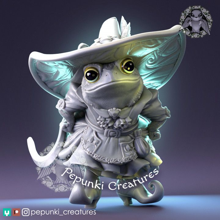 Toad Witch miniature with a wide-brimmed hat and detailed attire, holding a staff, perfect for fantasy TTRPGs as a grung witch character.