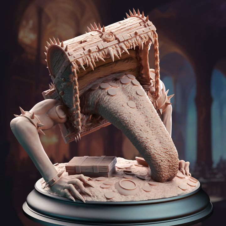 Treasure Mimic miniature in an open, attacking pose with its long tongue extending and sharp teeth revealed. Features spiked chest edges and clawed limbs. Suitable for fantasy tabletop RPGs like Dungeons & Dragons or Pathfinder.