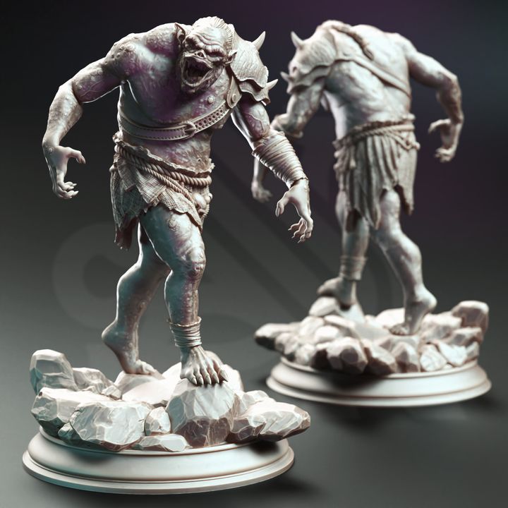  A snarling Trogg Cannibal miniature standing upright, wearing tattered loincloth and showing sharp teeth. Posed aggressively on a rocky base.