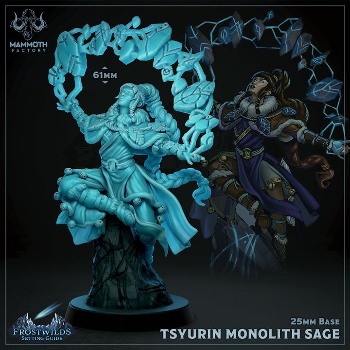 3D-printed Tsyurin, Monolith Sage miniature depicting a powerful sage with an arcane monolith, suitable for TTRPGs like Dungeons and Dragons and Pathfinder.