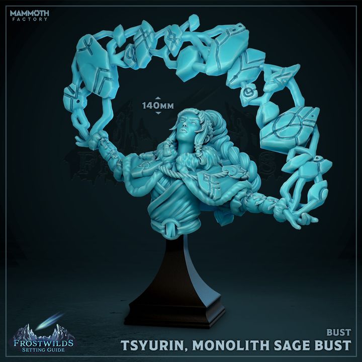 3D-printed Tsyurin, Monolith Sage bust featuring a powerful sage with an arcane monolith, ideal for TTRPGs like Dungeons and Dragons and Pathfinder.