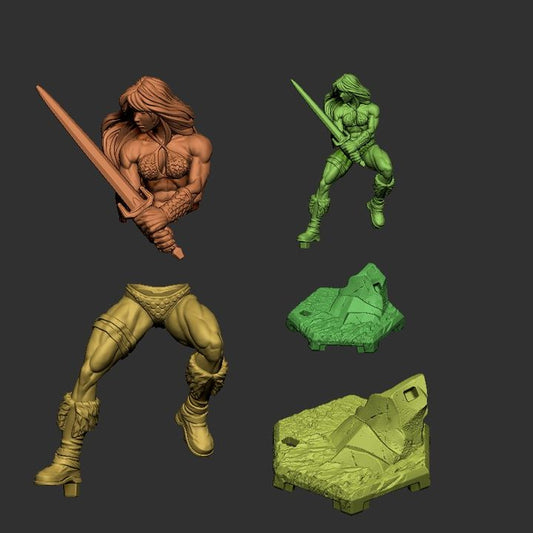 Modular parts layout of Tyris Flare showing the separate components, including body halves and rocky bases for assembly.