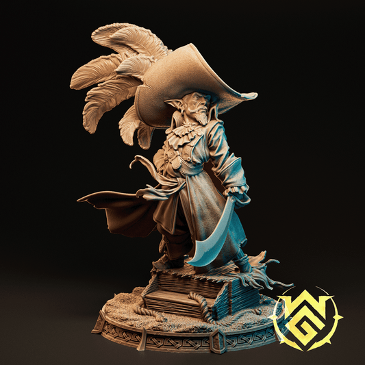 Full figure of Tyrant Bartholomew gnome swashbuckler pirate miniature for fantasy TTRPG games, posed on a rope crate with a curved sword, flowing coat, and flamboyant feathered hat.
