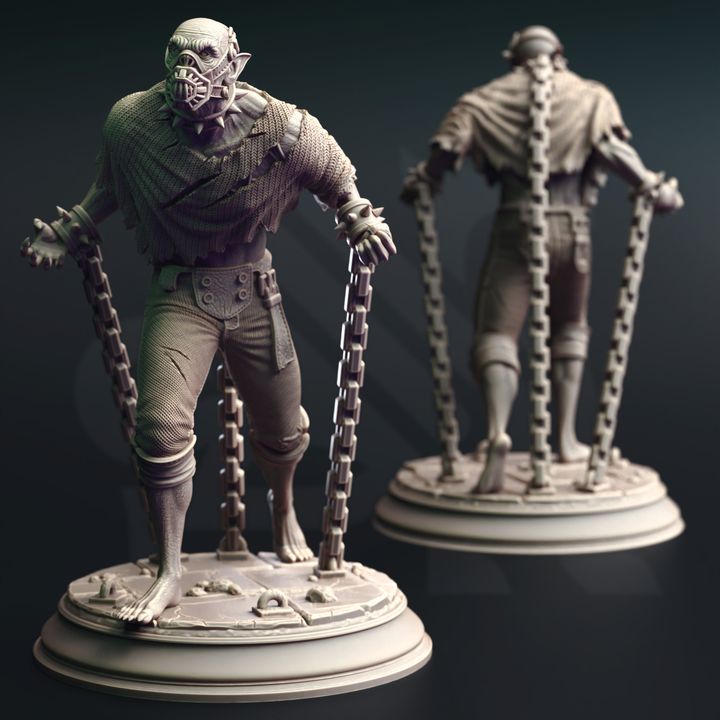 Vampire Thrall miniature standing upright, bound in chains, front and back views, perfect for TTRPG scenarios.