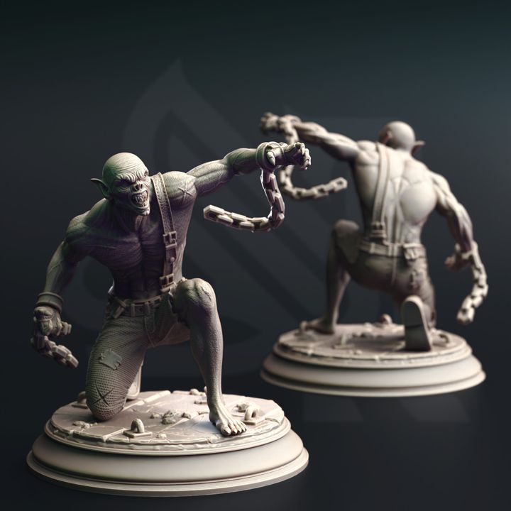 Vampire Thrall miniature kneeling while bound by chains, front and back views, for fantasy role-playing games.