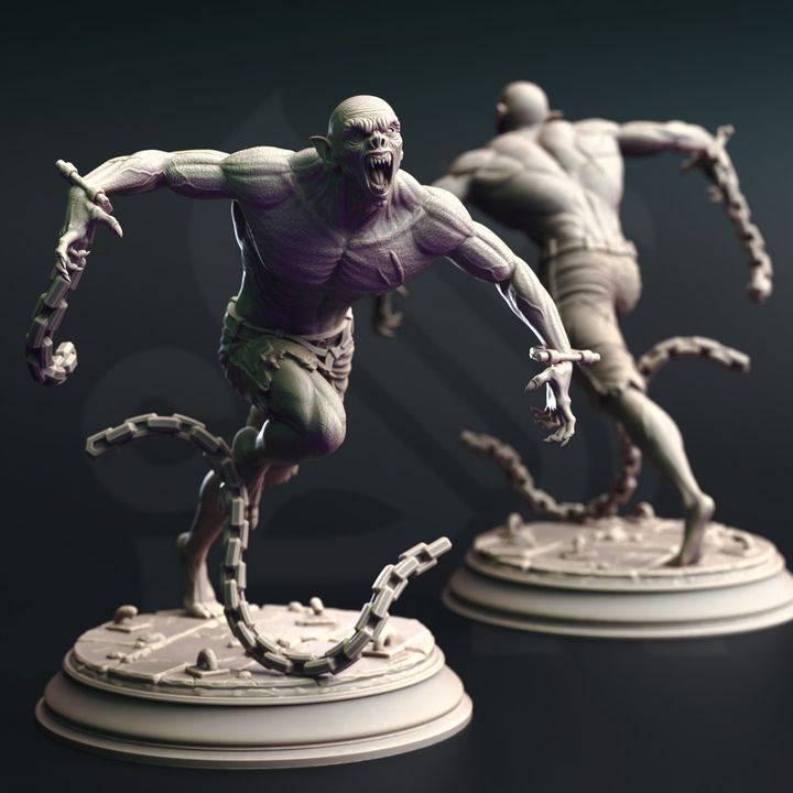 Vampire Thrall miniature running forward with chains, front and back views, for use in tabletop RPGs.