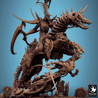 Velkaran, the Wraith Rider, showcasing the skeletal mount's intricate details and the dynamic battle scene with spectral figures and broken weaponry.