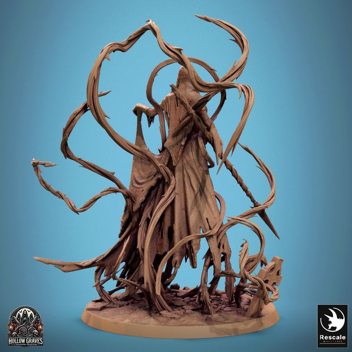 Back view of the Vengeful Banshee miniature, showcasing swirling tendrils, her flowing robes, and the spear she holds.