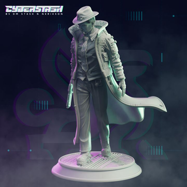 Vincent "Midnight" Falcone, a cyberpunk detective, stands in his neo-noir glory, trench coat billowing dramatically. With a futuristic pistol in one hand and a cigar clenched in his teeth, he’s got that "I’ve seen things" look down pat.