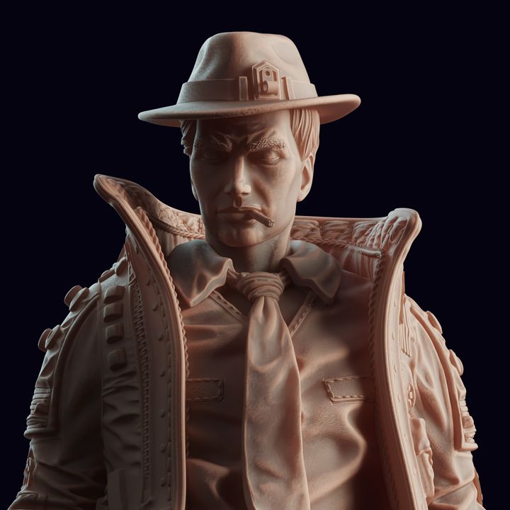  A close-up of Vincent, his gritty expression and hard eyes conveying the perfect mix of sass and suspicion, topped with his classic fedora. The details of his trench coat add to his rugged detective look.