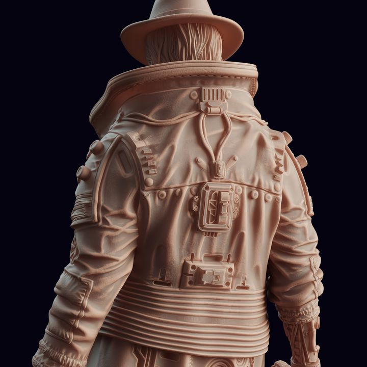 The back of Vincent "Midnight" Falcone, showing his detailed trench coat loaded with cyberpunk gear and a few questionable stains. This detective isn’t afraid to get his hands dirty—or his coat, for that matter.