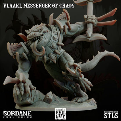 Vlaaki, Messenger of Chaos, with tongue extended, in a fierce battle stance wielding a cleaver.