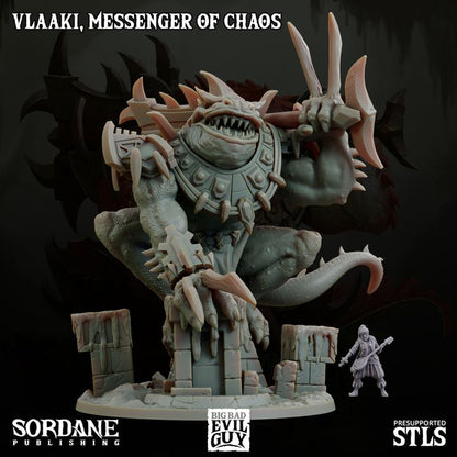 Vlaaki, Messenger of Chaos, shown to scale with a smaller adventurer for size reference.