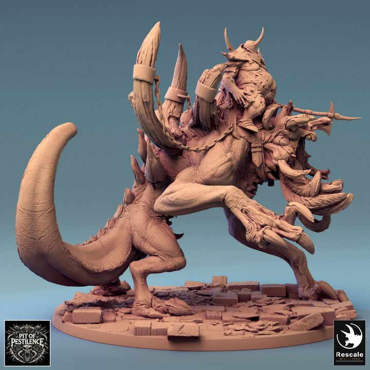 Vorathe side profile showing elaborate horned helmet and detailed muscular anatomy of the creature mount, a fearsome addition for grim TTRPG campaigns.