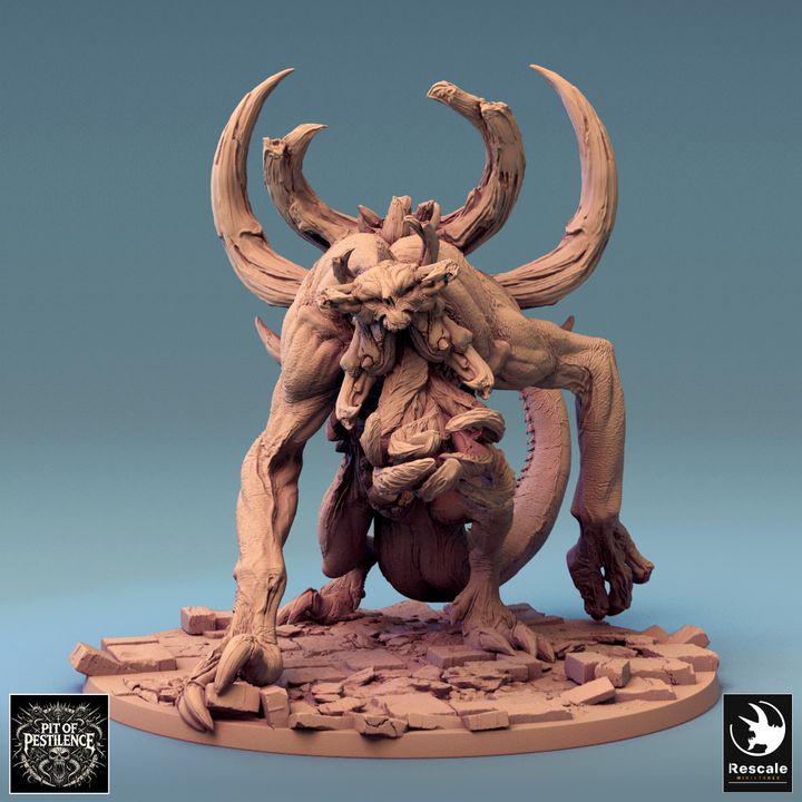 showcasing its gnarled horns, muscular arms, and feral stance, standing on a cracked stone base.