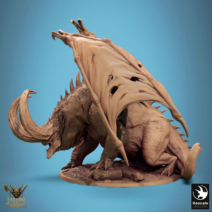 Infernal Dragon Vorrak Thul miniature side view showing detailed scales, muscular body, and folded tattered wings on round base.