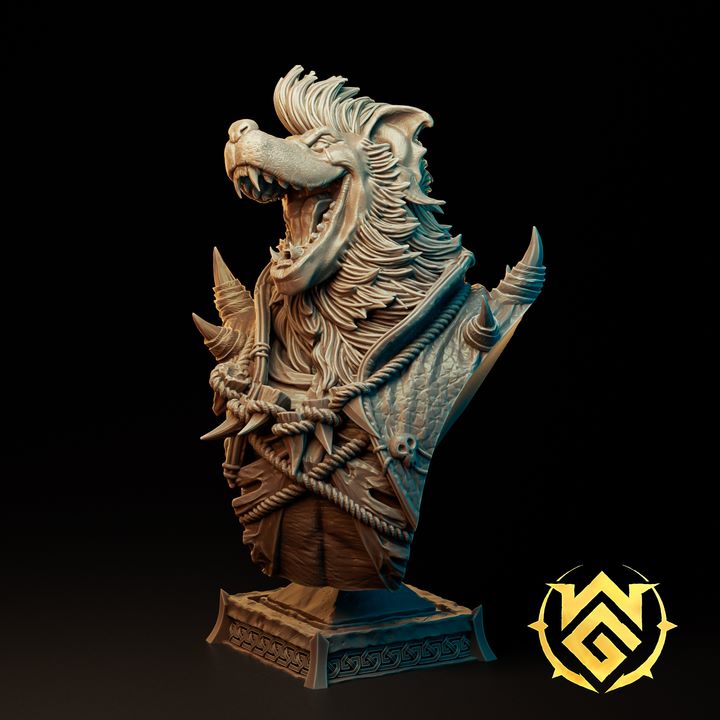 A highly detailed bust of Waergen Warbard, a fierce wolf-like warrior bard. The character has a snarling expression, adorned with ornate armor featuring spikes, ropes, and tribal motifs. The sculpt captures the wild energy and intricate textures of fur, fabric, and leather.