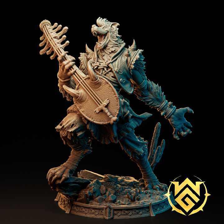 A full-figure model of Waergen Warbard, a wolf-like warrior bard holding a spiked lute. The character is dynamically posed, roaring with excitement, with intricate armor and torn clothing. The base is detailed with rocky terrain, enhancing the character's energetic stance.