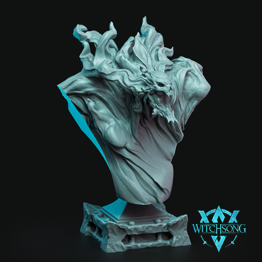 Bust version of Wandering Pyromant with a flame-shaped upper torso and fiery skeletal face on a pedestal stand, ideal for display or painting.