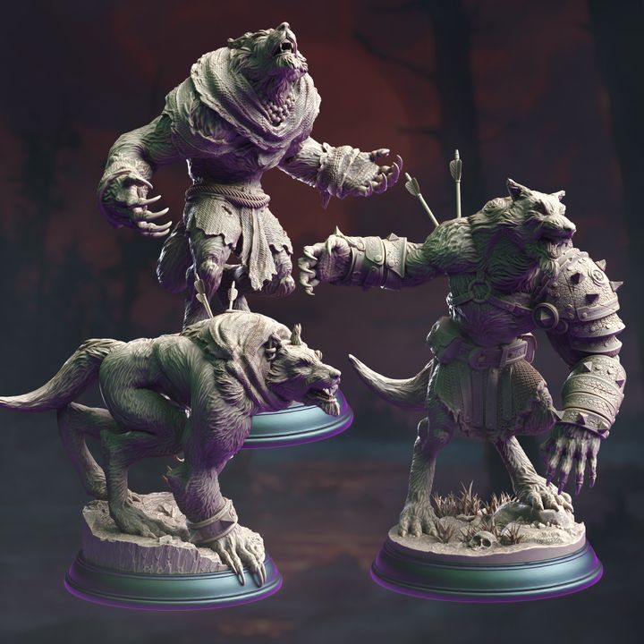 A group of Werewolf Warrior miniatures in various poses, including running, howling, and ready for combat.