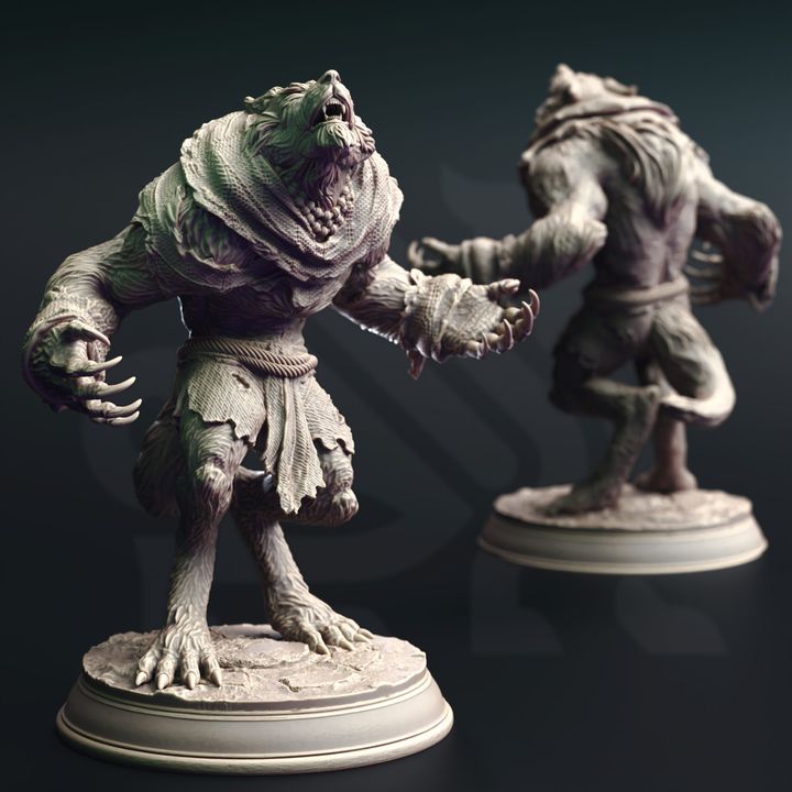 A standing Werewolf Warrior miniature with raised arms, howling in rage, with tattered rags and fabric clothing.