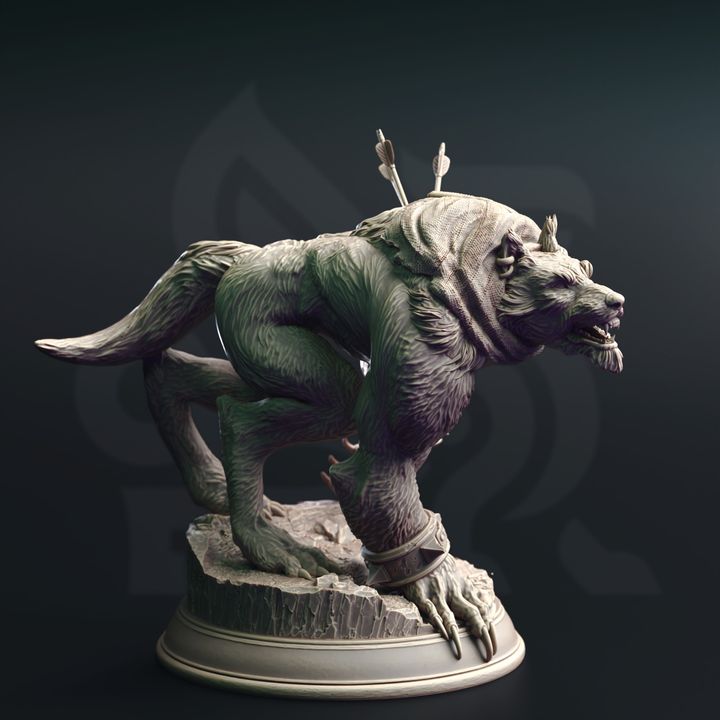 A Werewolf Warrior miniature in a running pose with arrows in its back and a tattered shirt around it's neck.