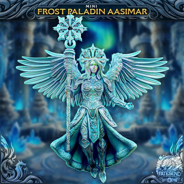 Miniature of a Frost Paladin Aasimar, radiating icy majesty and celestial energy, standing poised in a frozen cavern.