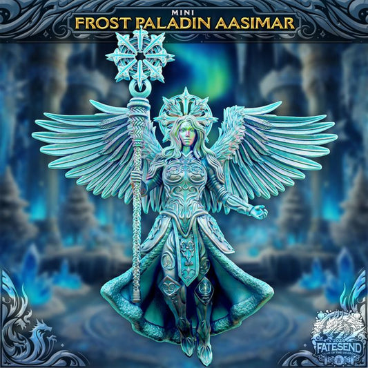 Miniature of a Frost Paladin Aasimar, radiating icy majesty and celestial energy, standing poised in a frozen cavern.