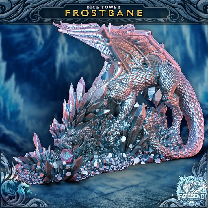 Frostbane the Ice Dragon Dice Tower featuring a coiled dragon atop a bed of crystals, ready to dispense dice with frosty precision for any TTRPG session.