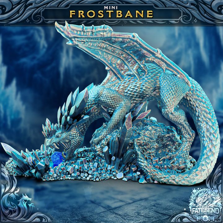 Frostbane Ice Dragon miniature perched on icy crystals, showcasing intricate scales and dynamic posing.