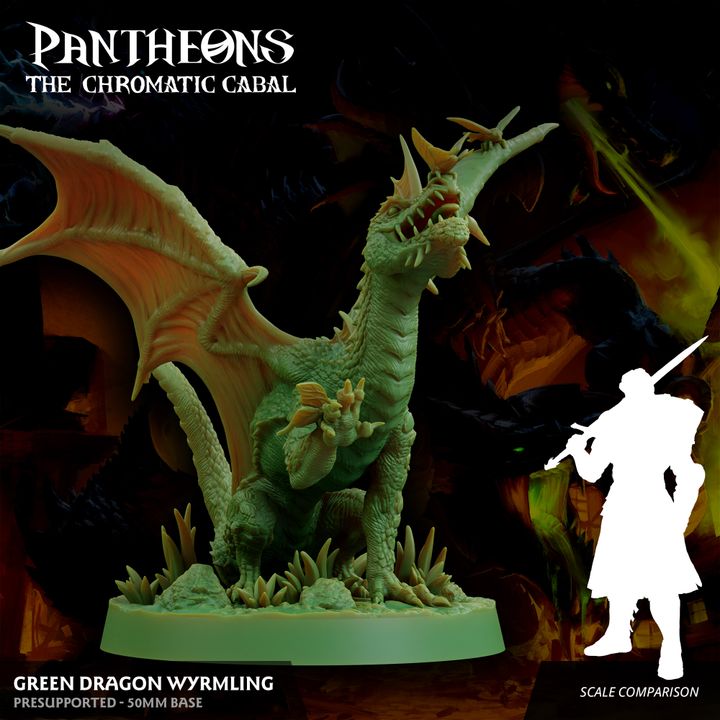 Front view of a Green Dragon Wyrmling miniature roaring, wings spread, standing on a foliage-covered base.