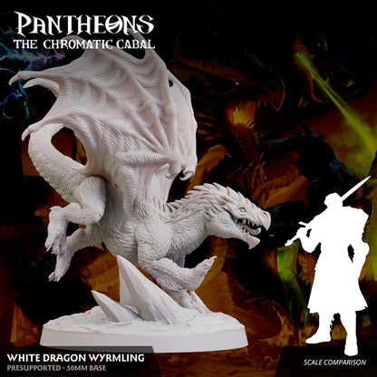 Wyrmling White Dragon miniature resting on a jagged icy base, featuring detailed wings and scales.