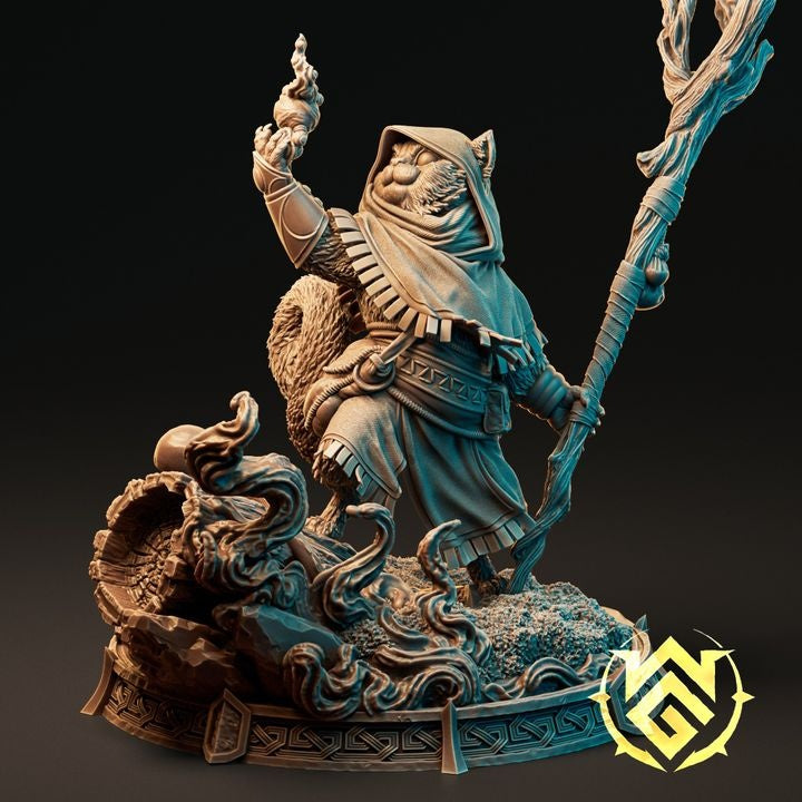 hooded feline druid holding a twisted staff, beastfolk spellcaster standing on a rune-carved base with swirling roots, fantasy tabletop miniature for Dungeons and Dragons and Pathfinder