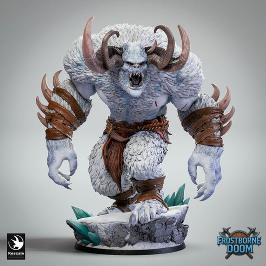 Abominable Yeti miniature front view showing horned head, white fur, and aggressive stance.