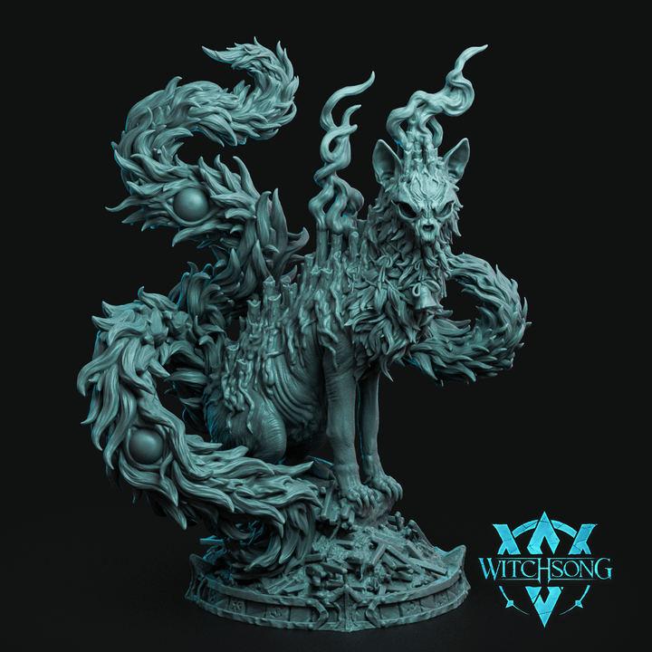 Yulecat mythic winter monster miniature standing on cracked stone base with smoking candle flames rising from skull