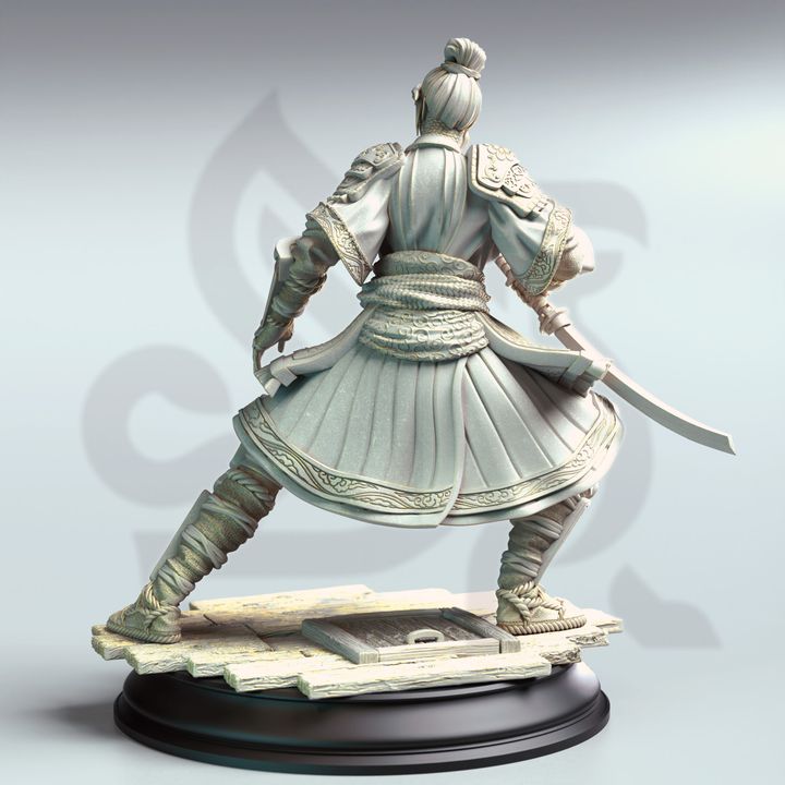 Back view of Yushin, an Eastern Yuan-Ti Assassin, dressed in intricately designed robes with armored details, wielding a curved blade, standing on a wooden platform with a hatch.