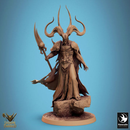 Archdevil Zar’Vul miniature front view, horned demon lord in skeletal armor with staff, standing on rocky base.