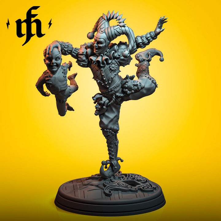 Abaddon Pierrot miniature depicting a twisted jester mid-leap, adorned with eerie masks and intricate costume details.