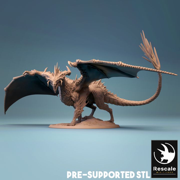 Highly detailed Adult Black Dragon miniature with wings spread low, showcasing spiked crest, textured scales, and a menacing stance. Ideal for tabletop RPGs and collectors."